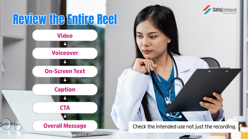 Doctor treatment Reel review process including video voiceover caption and CTA