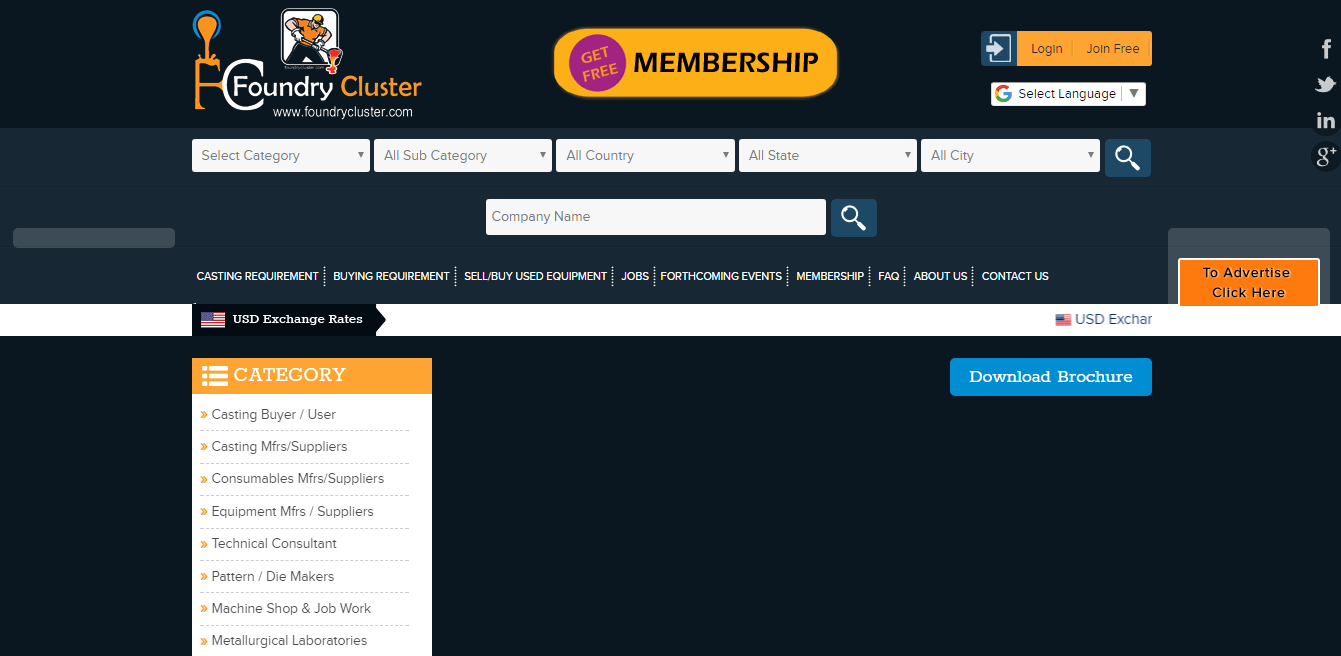 Screenshot of the Foundry Cluster website home page, a directory of casting suppliers and equipment