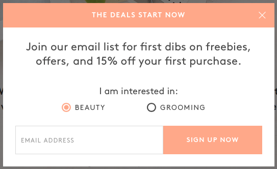 Email sign-up popup offering 15 percent off a first purchase for joining a mailing list