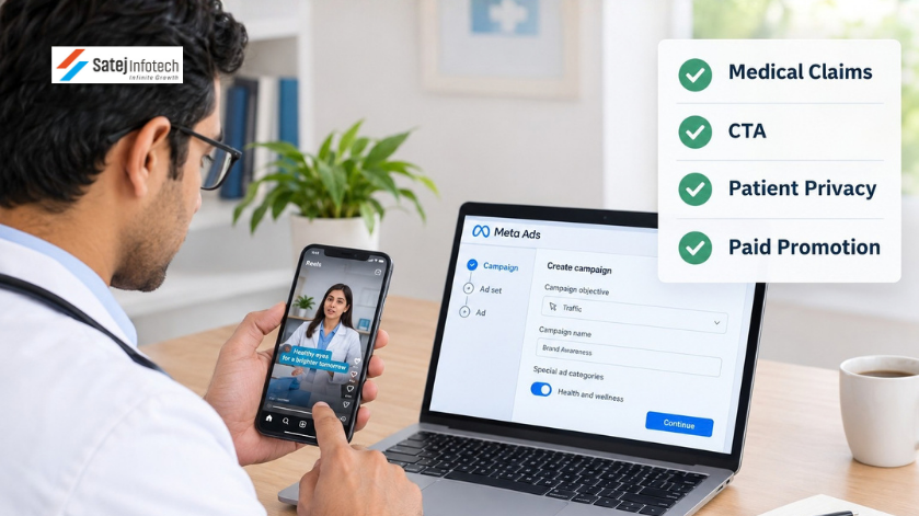 Doctor reviewing an Instagram Reel and Meta Ads campaign against NMC professional guidelines